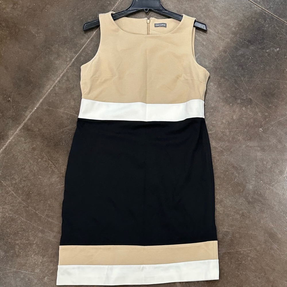 Vince Camuto Tan, White, and Black Midi Dress